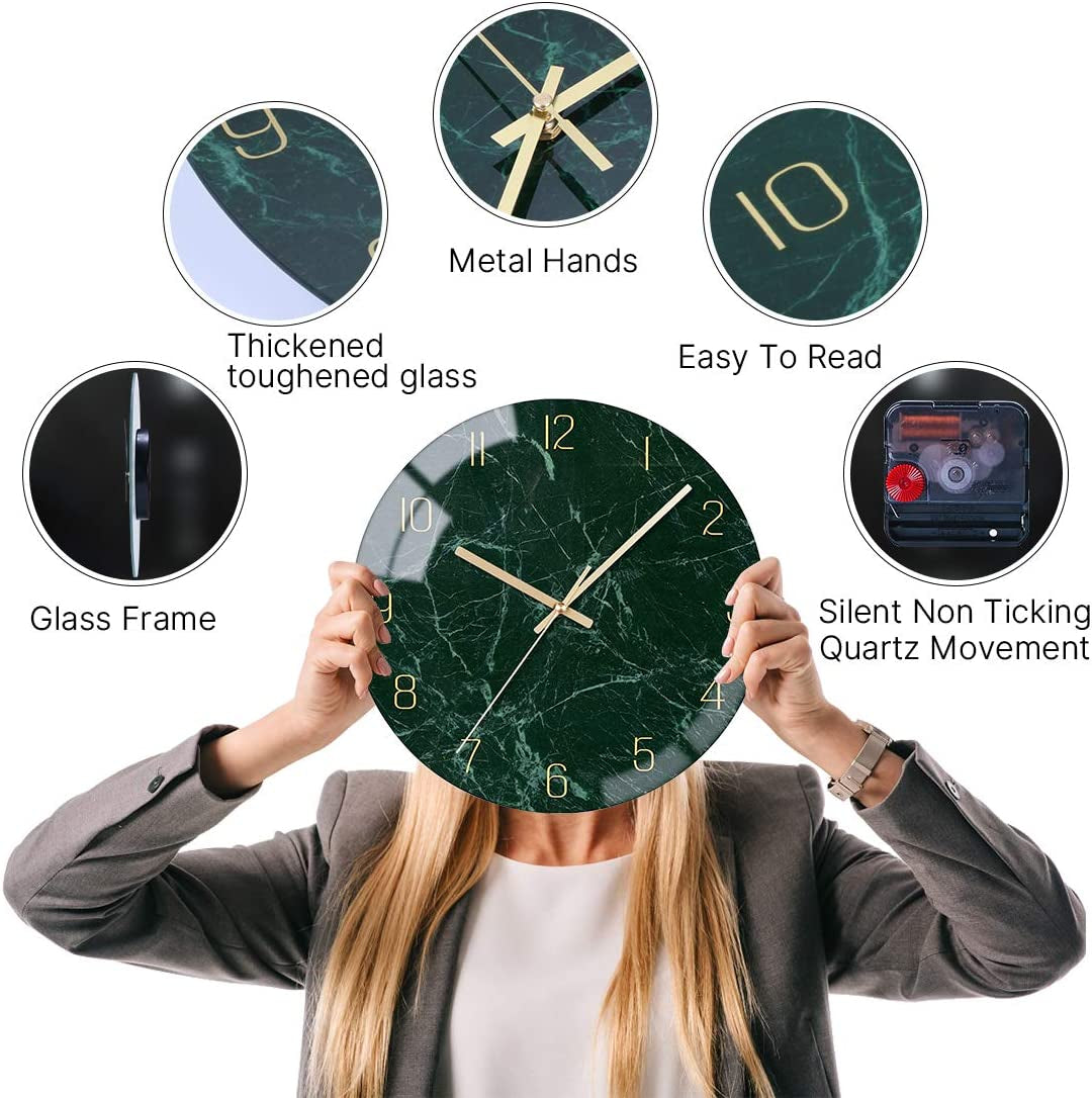 Glass Wall Clock Silent Non Ticking Wall Clocks- 12 Inch Quality Quartz Battery Operated round Easy to Read Home/Office/Classroom/School Clock (Dark Green)