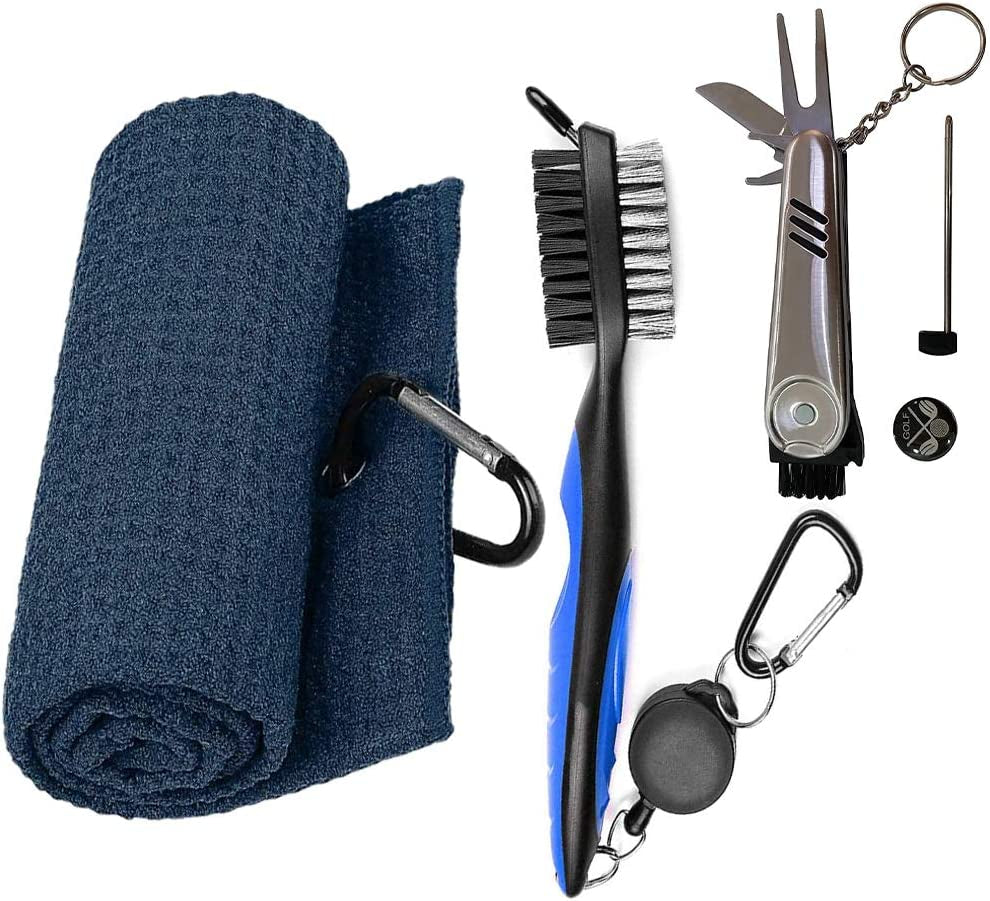 Golf Accessories, Multifunctional Golf Ball Marker, Golf Club Brush and Golf Towel Kit, Foldable Divot Repair Tool with Golf Marker, Golf Club Cleaner, 3-Piece Golf Gifts Set