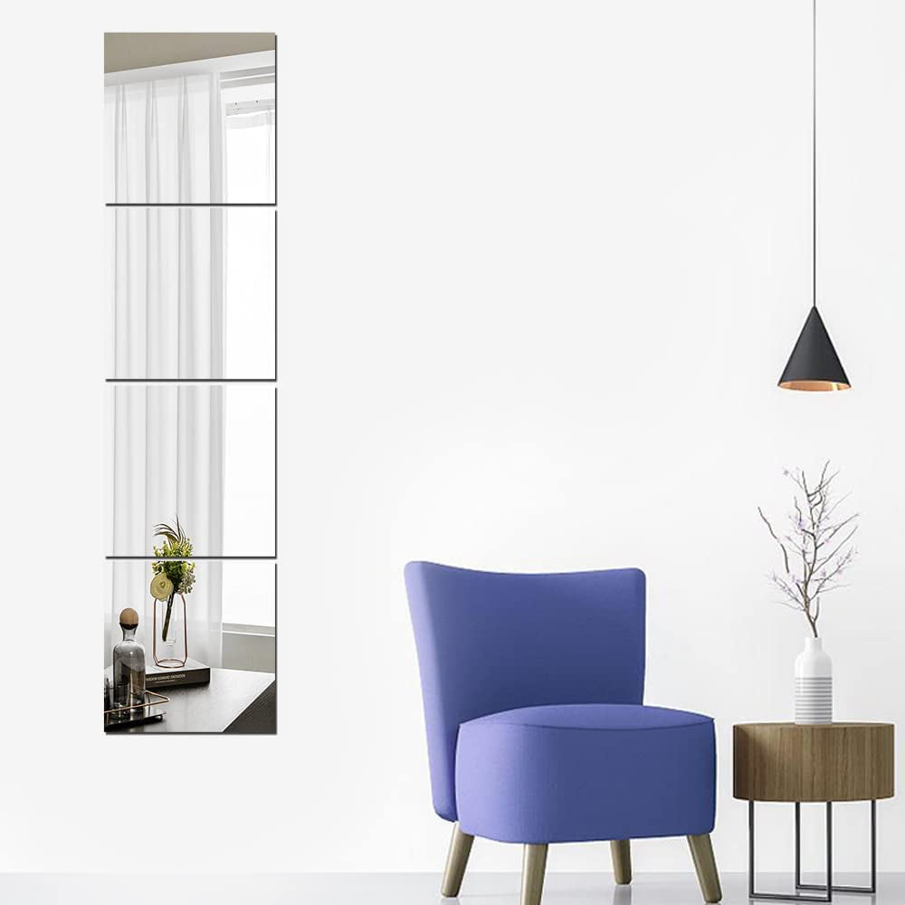 Full Length Wall Mirrors, Floor Mirrors for Walls 4Pcs 12"X12" Acrylic Plexiglass Body Mirror Wall-Mounted Frameless Wardrobe Door Large Long Mirror Home Workout Gym Mirror Dorm Tile Self Adhesive