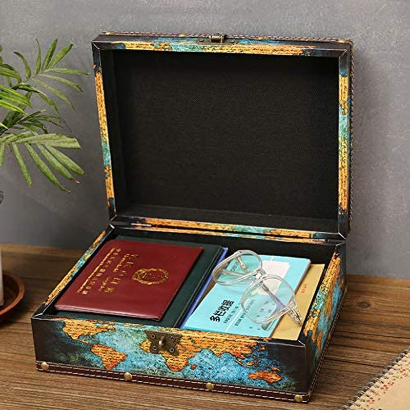 Vintage Wood Treasure Chest Keepsake Jewelry with Map Leather Surface |Treasure Box Kids Pirate Treasure Chest with Lock |Kids Storage Treasure Chest, Also for Teenagers and Adults 10.6"*8.6"*3.6"