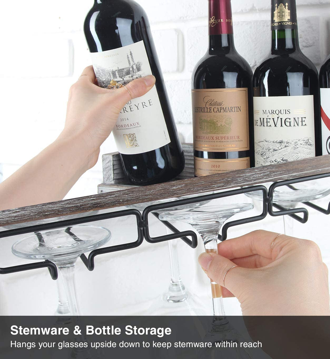 Wall Mounted Rustic Wood Wine Storage Rack with Metal Glass Holder, Holds 6 Bottles, 5 Glasses, Decorative for Home Bar, Dining Room, Kitchen - MK566A