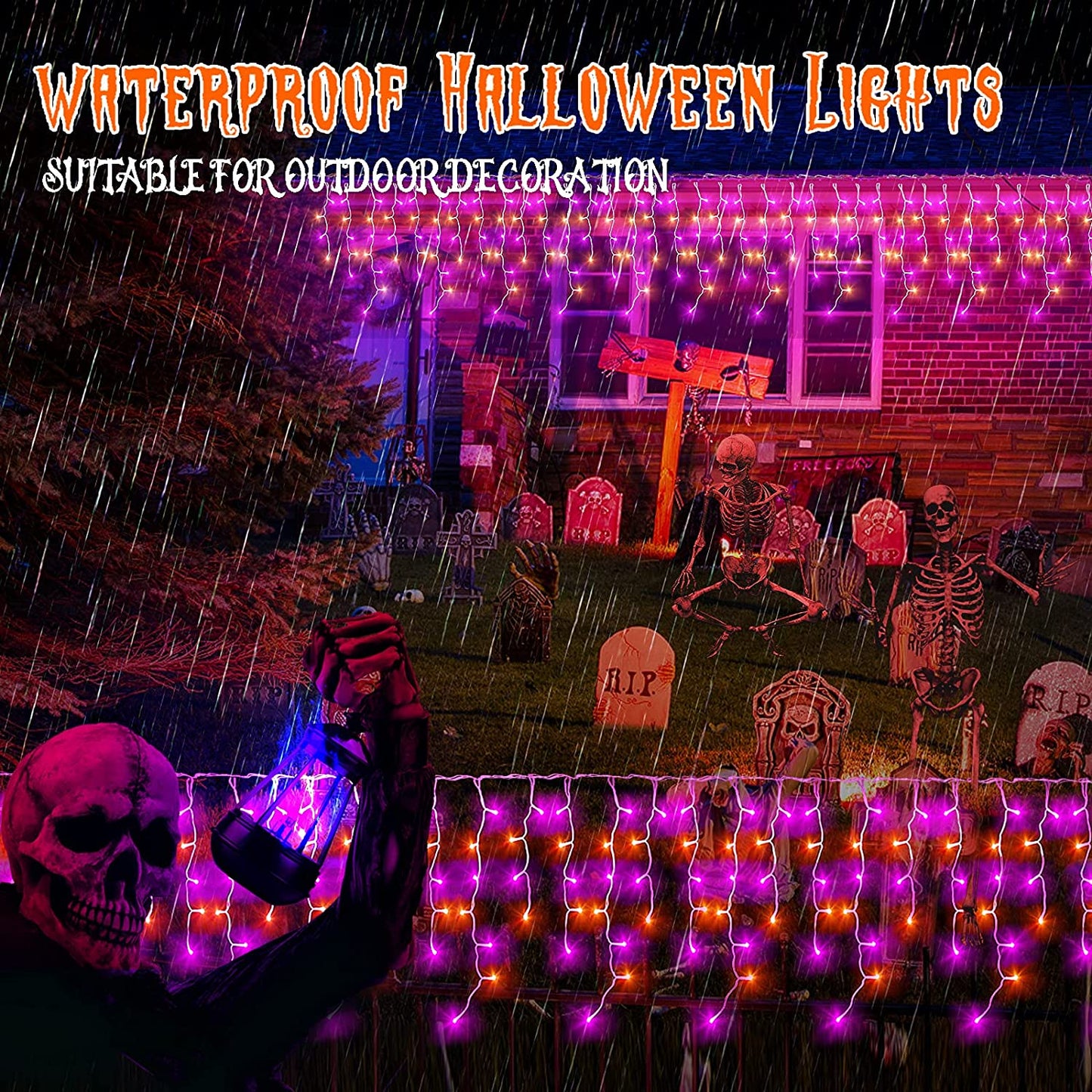 Halloween Lights 640 LED Icicle Lights Outdoor Decorations 66FT Waterproof Fairy Lights Plug in 120 Drops 8 Modes Timer String Lights for Home Roof Window Garden Yard Patio Decor (Purple & Orange)