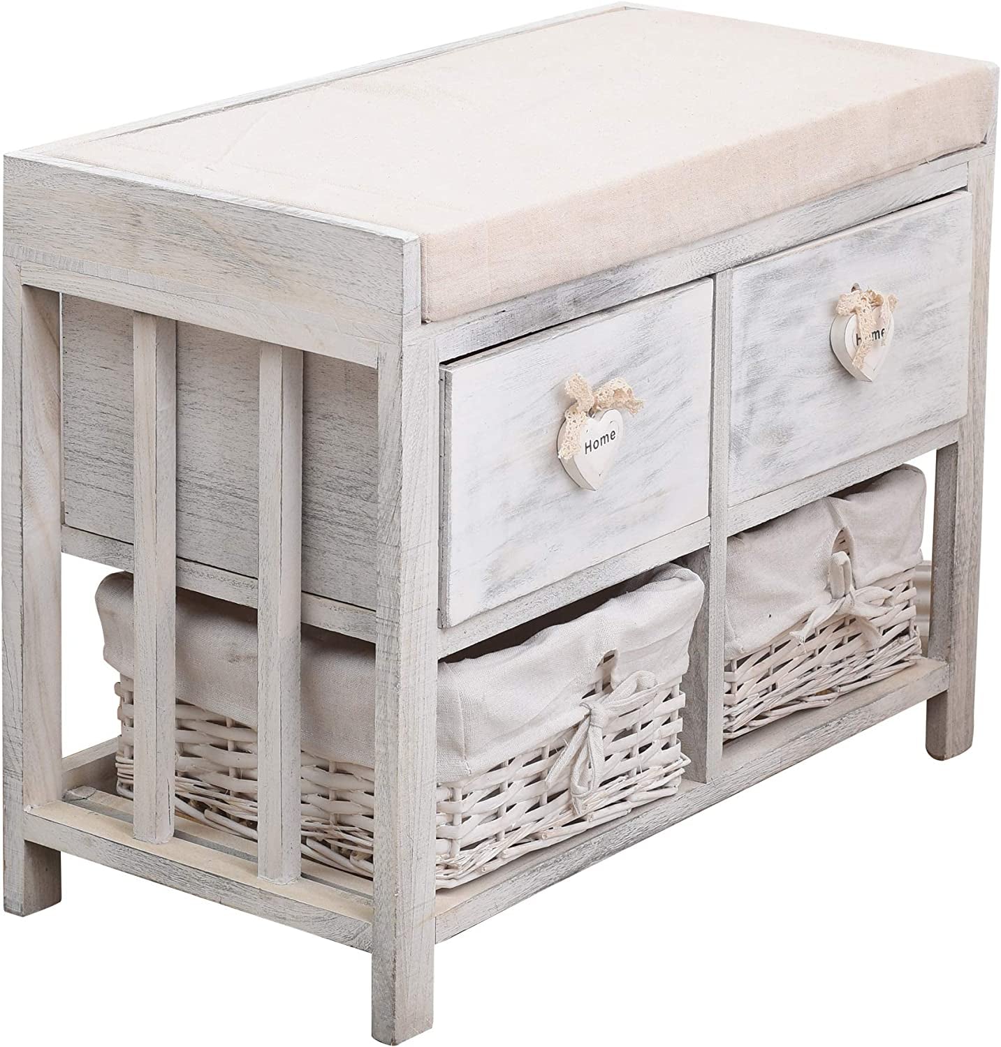 Rebecca Mobili Bench Seat Storage Unit with 2 Drawers Wood White Natural Vintage Bathroom Hall - 46 X 60 X 30 Cm (H X W X D) - Art. RE4553