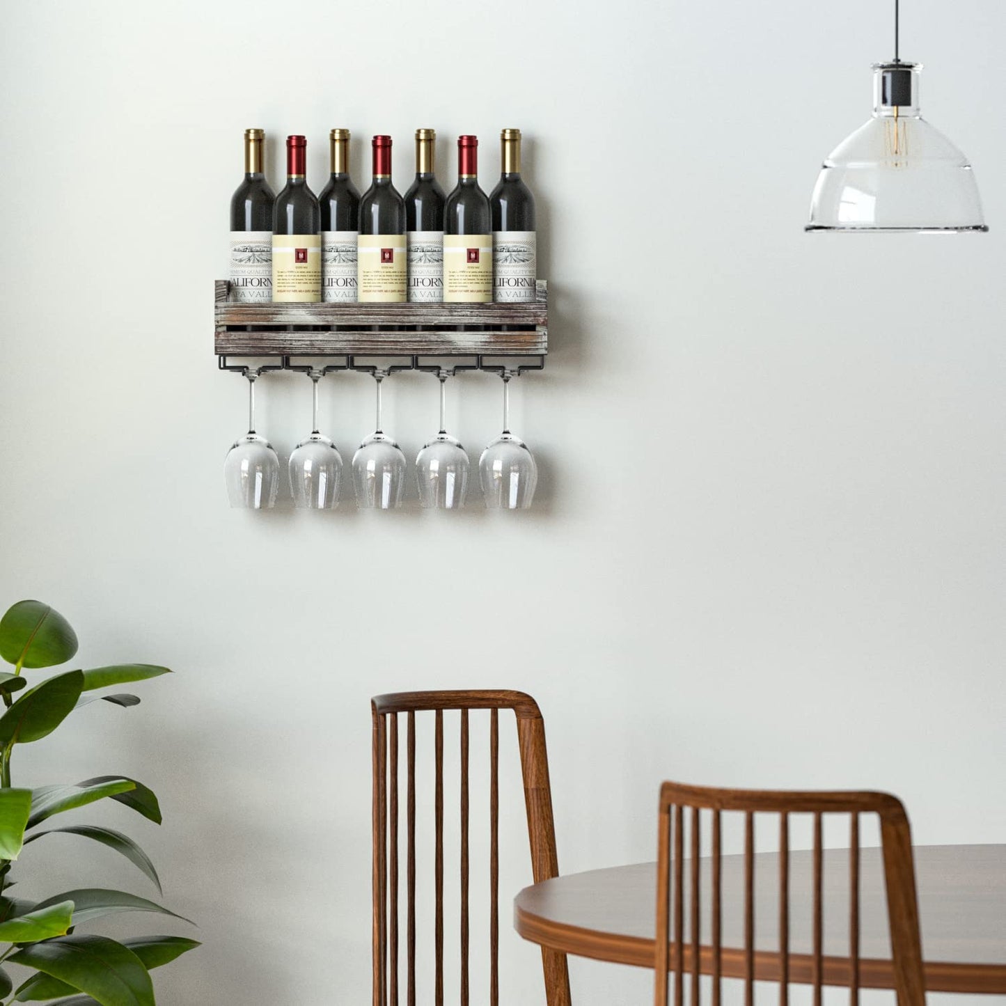 Wall Mounted Rustic Wood Wine Storage Rack with Metal Glass Holder, Holds 6 Bottles, 5 Glasses, Decorative for Home Bar, Dining Room, Kitchen - MK566A