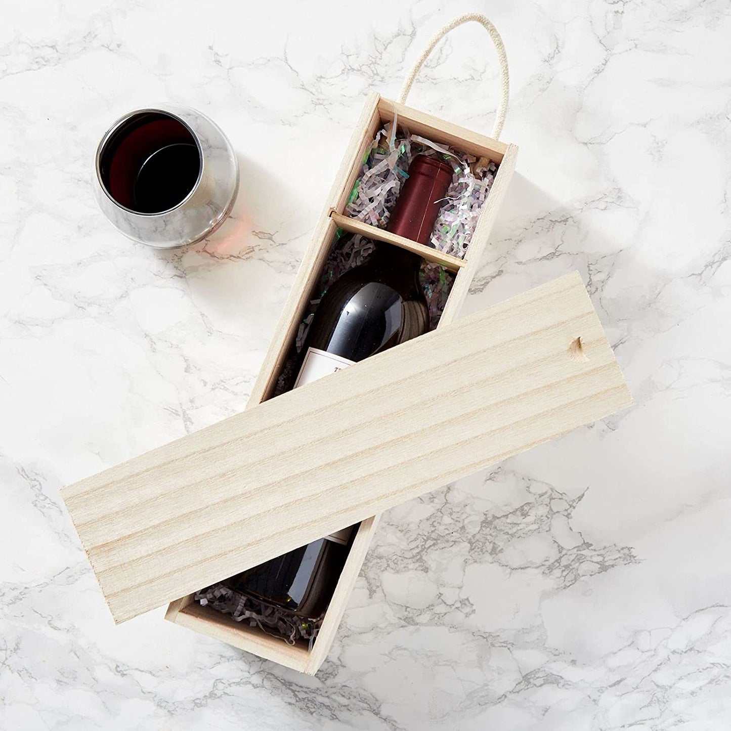 Wooden Wine Box (2-Pac - Single Wine Bottle Wood Storage Gift Box with Handle for Birthday Party, Housewarming, Wedding, Anniversary, 35.2 X 9.8 X 10.2 Cm