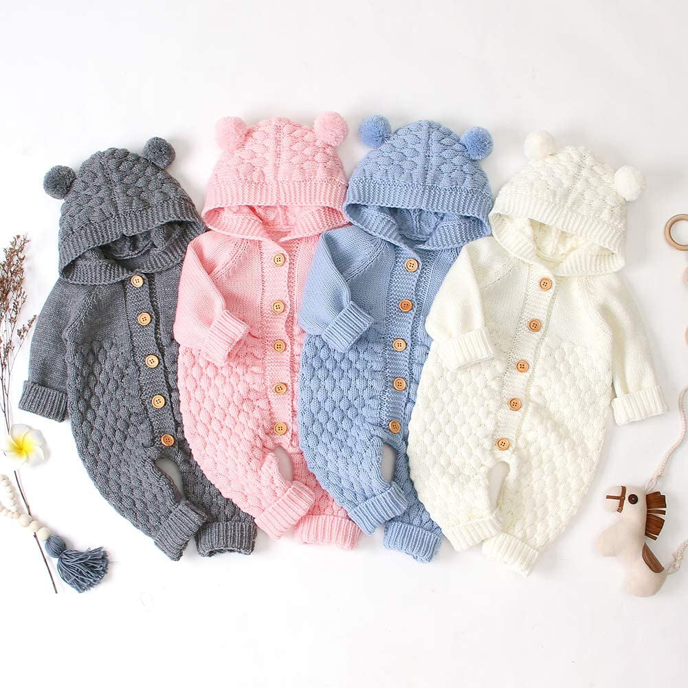 Baby Hooded Knitted Rompers Newborn Girls Boys Onesies Warm Sweater Jumpsuit Outfits