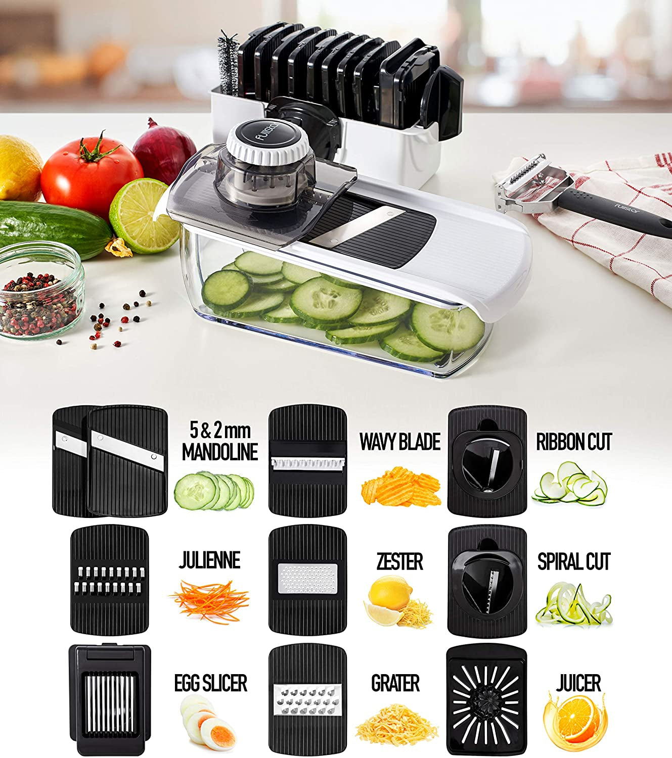 11-In-1 Mandoline Vegetable Slicer Spiralizer - Kitchen Mandolin Slicer Food Slicer Veg Slicer - Mandoline Slicer Professional Onion Potato Salad Julienne Egg Slicer Cheese Grater Zester Juicer Peeler