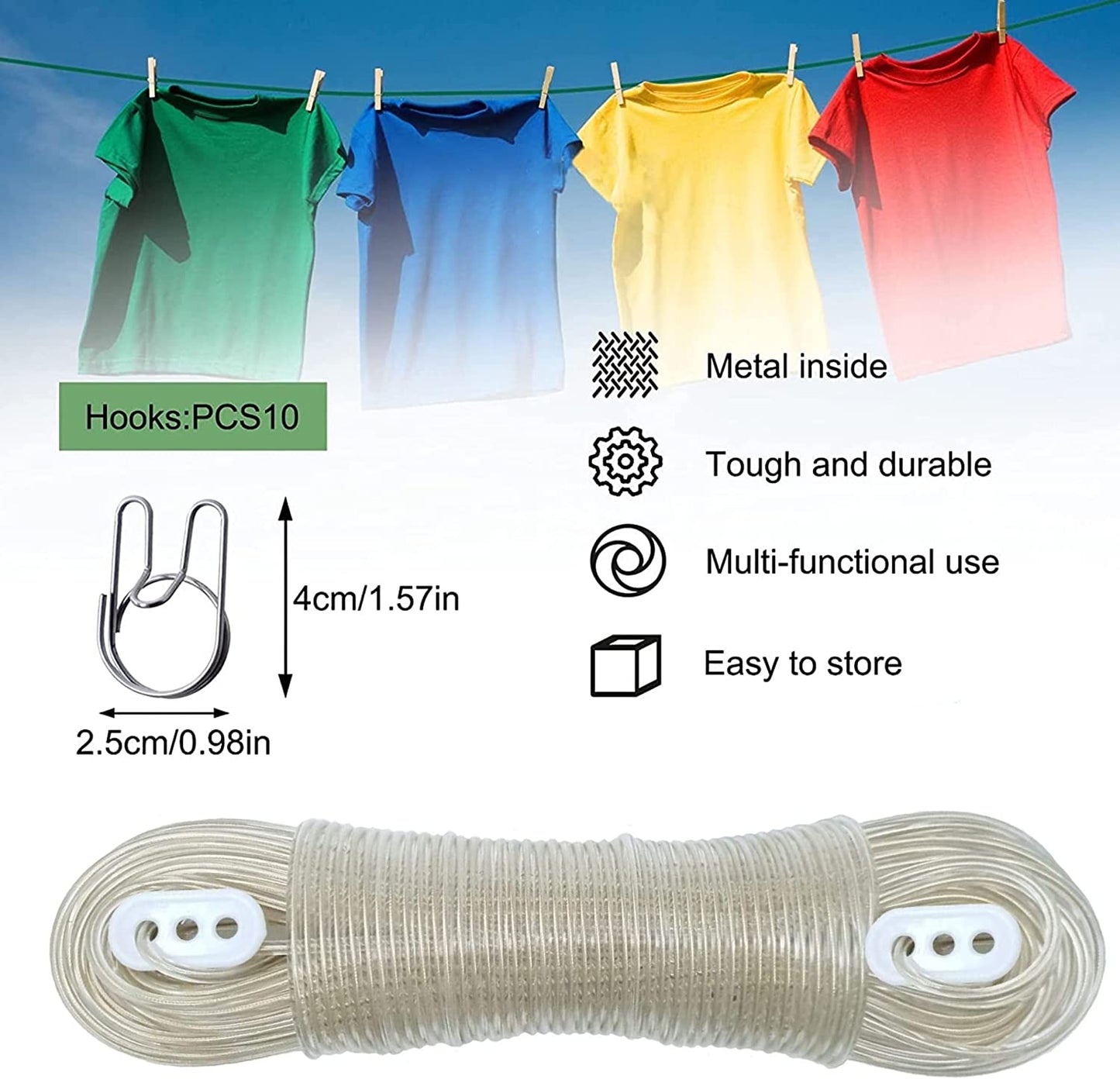 Wikki Washing Line Rope 30M, Clothes Steel Core Heavy Duty, Lines, Strong Lines Outdoor Garden for Outside, 30M Aprox 100Ft(Transparent), White (YTH-01)