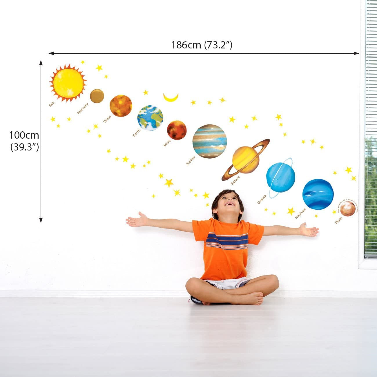 DW-1307 Planets in the Space Kids Wall Stickers Decals Peel and Stick Removable for Nursery Bedroom Living Room Art Murals Decorations