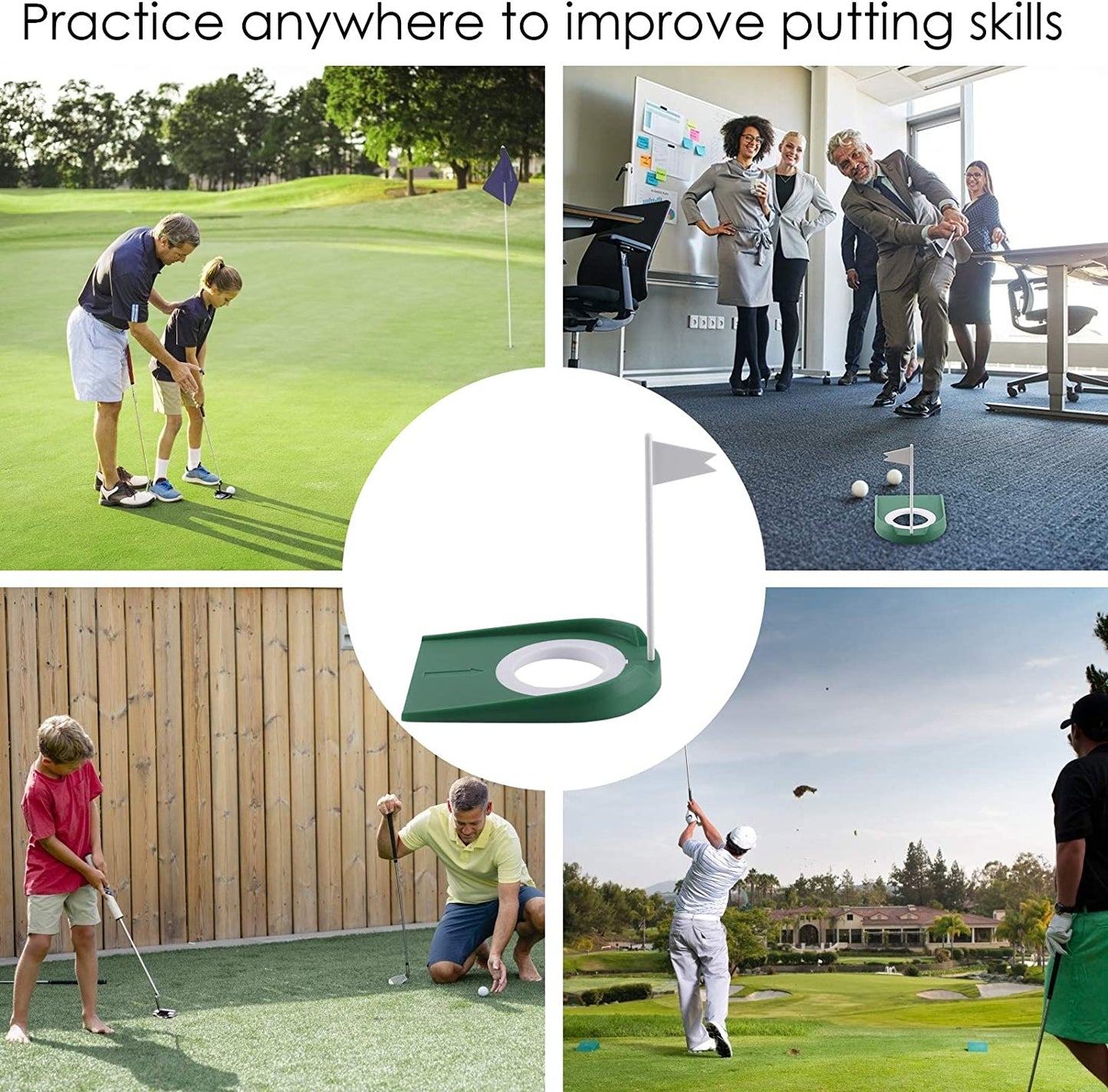 Kigniote Golf Putting Mat Practice, Indoor Outdoor Plastic Golf Putting Cup Practice Aids with Adjustable Hole & White Flag