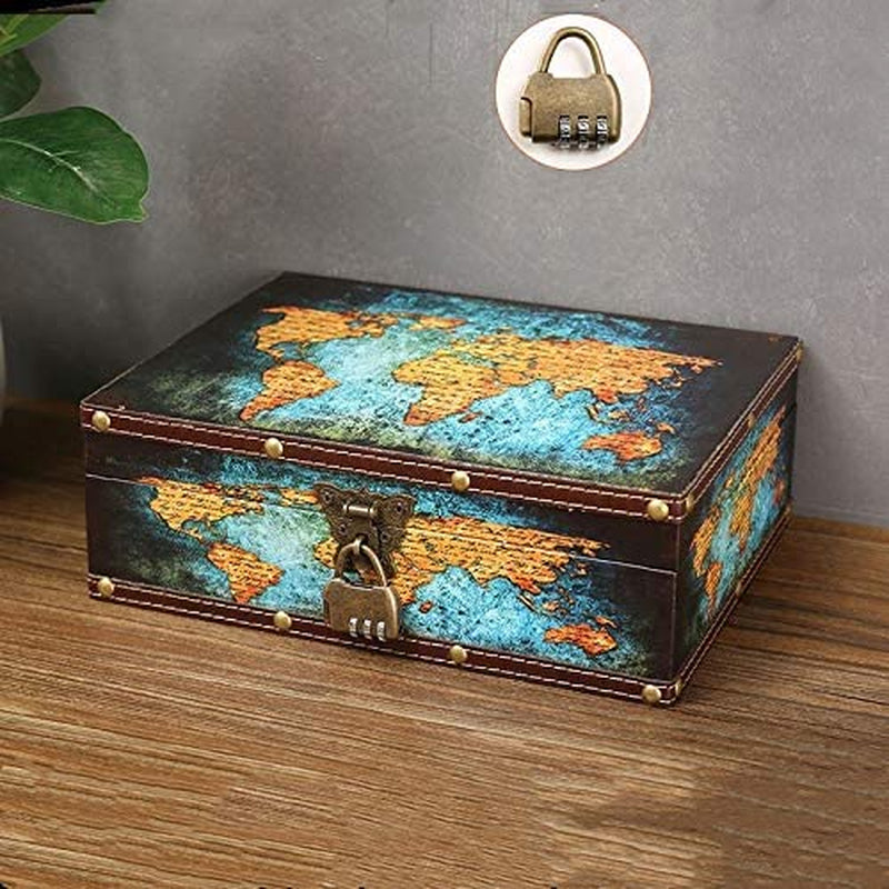 Vintage Wood Treasure Chest Keepsake Jewelry with Map Leather Surface |Treasure Box Kids Pirate Treasure Chest with Lock |Kids Storage Treasure Chest, Also for Teenagers and Adults 10.6"*8.6"*3.6"