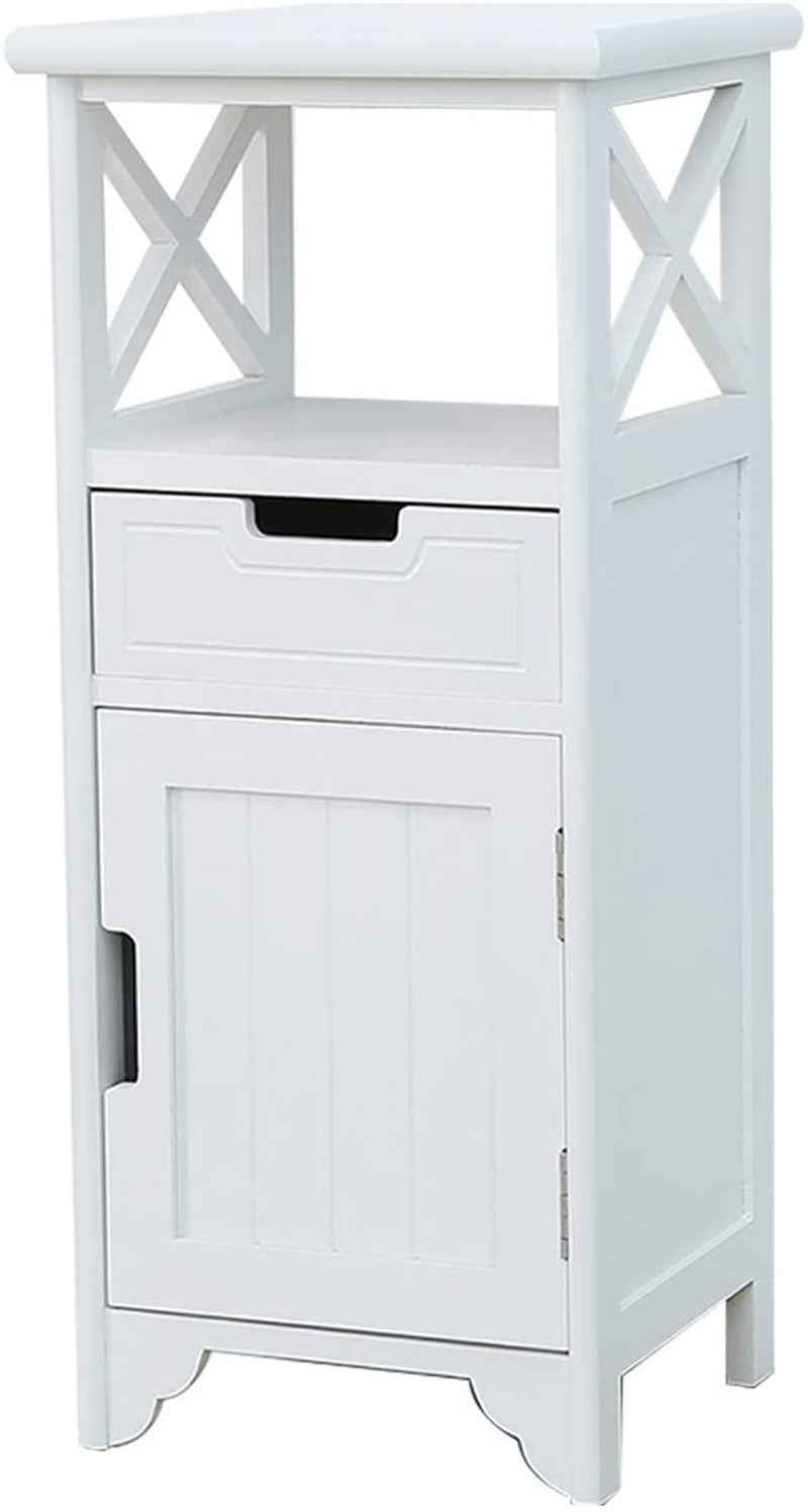 White End Table with Drawer and Shelf - Fully Assembled - Tall Bedside Cabinets/Bedside Table/Bathroom Cabinet/Side Cabinet/Floor Standing Storage Cabinet for Living Room, Bedroom, Hallway