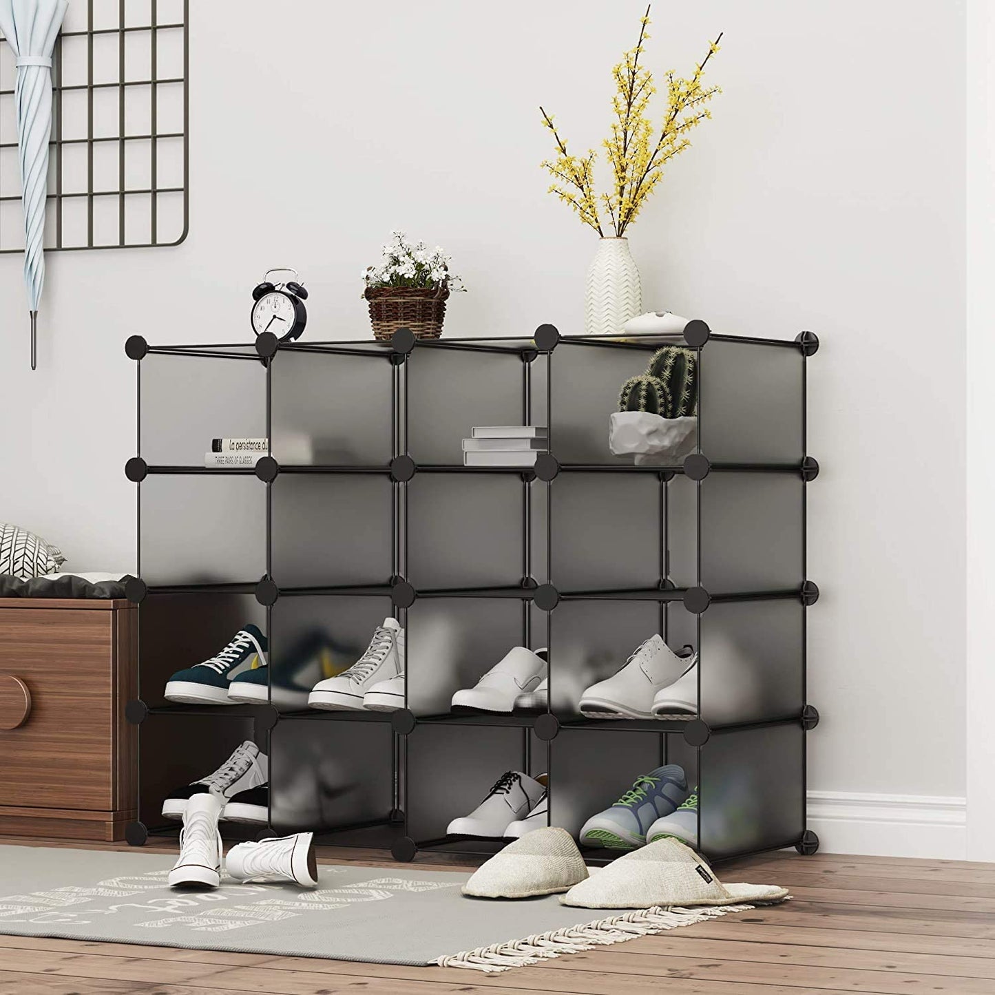 16 Cube Light Grey Shoe Rack, DIY Wardrobe Closet Organizer, Storage Bookshelves Bookcase, Interlocking Shelving Unit, Home Solutions Unit for Clothes Books Toys