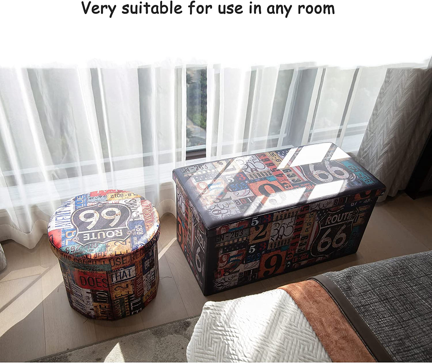 Folding Storage Footstool Ottoman Bench for Living Room Organiser,Colorful Faux Leather Collapsible Large Kids Toy Box with Lids,76X38X38Cm