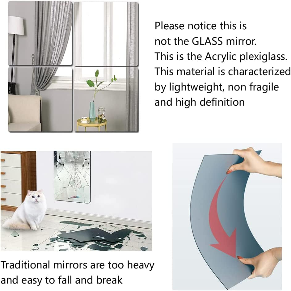 Full Length Wall Mirrors, Floor Mirrors for Walls 4Pcs 12"X12" Acrylic Plexiglass Body Mirror Wall-Mounted Frameless Wardrobe Door Large Long Mirror Home Workout Gym Mirror Dorm Tile Self Adhesive