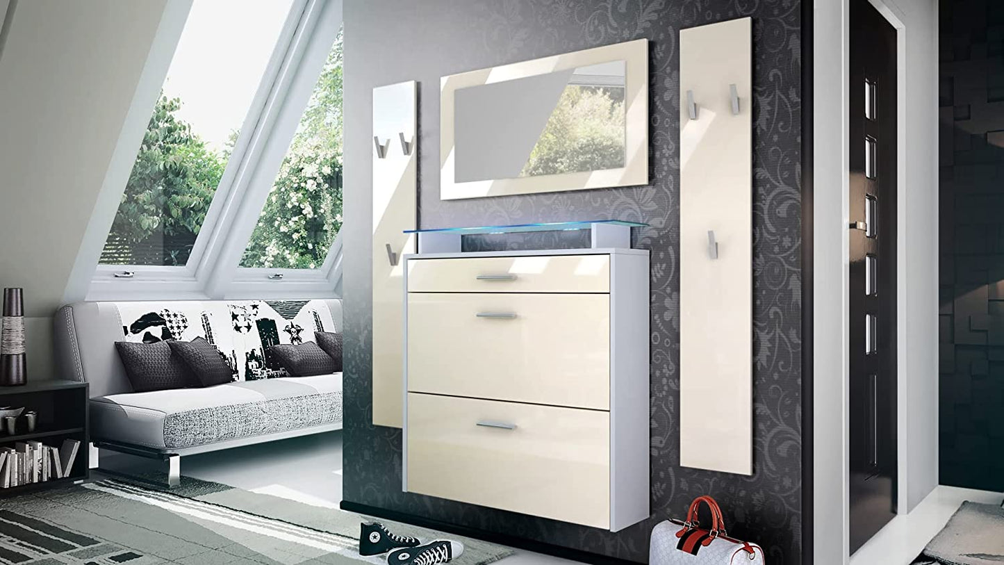 Malea Hallway Storage Set, Hallway Set with 1 Wall-Mounted Shoe Cabinet, 1 Wall-Mounted Mirror and 2 Coat Rack Panels, White Matt/Cream High Gloss