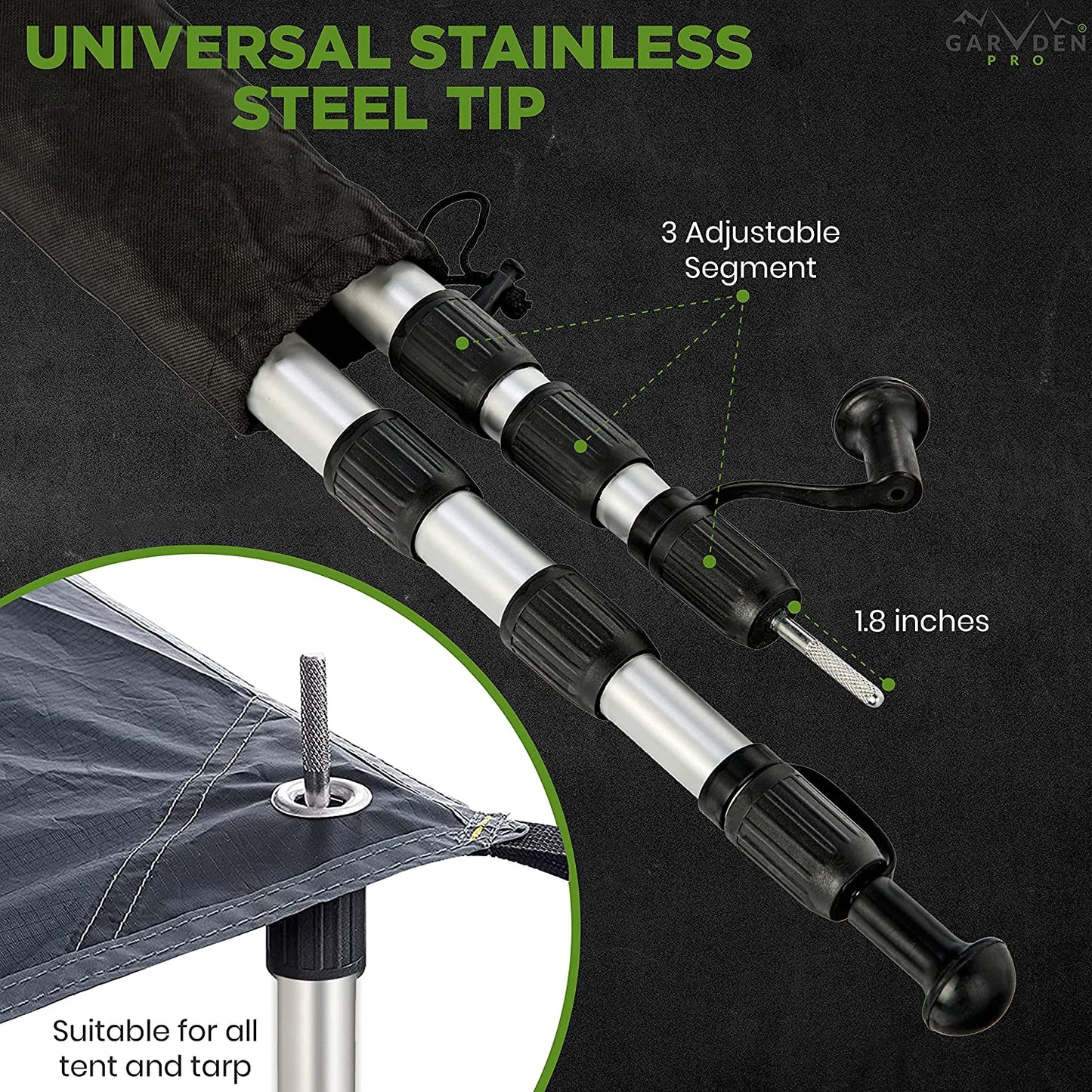 Set of 4 Telescoping Tarp Poles | Replacement Canopy Adjustable Aluminum Rods, Portable & Lightweight for Tent Fly, Awning, Outdoor Camping, Hiking, Backpacking & Rainfly + 6 Pegs & 6 Reflective Ropes