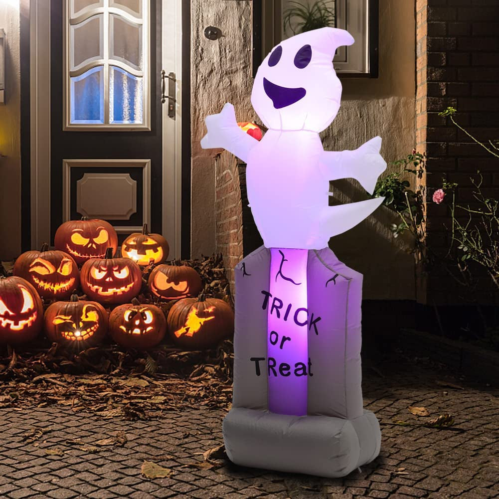 5FT Halloween Decoration Inflatable Ghost on Tombstone with LED Lights Blow up Halloween Party Props Decoration for Indoor Outdoor Garden Yard Lawn Home Shopping Mall