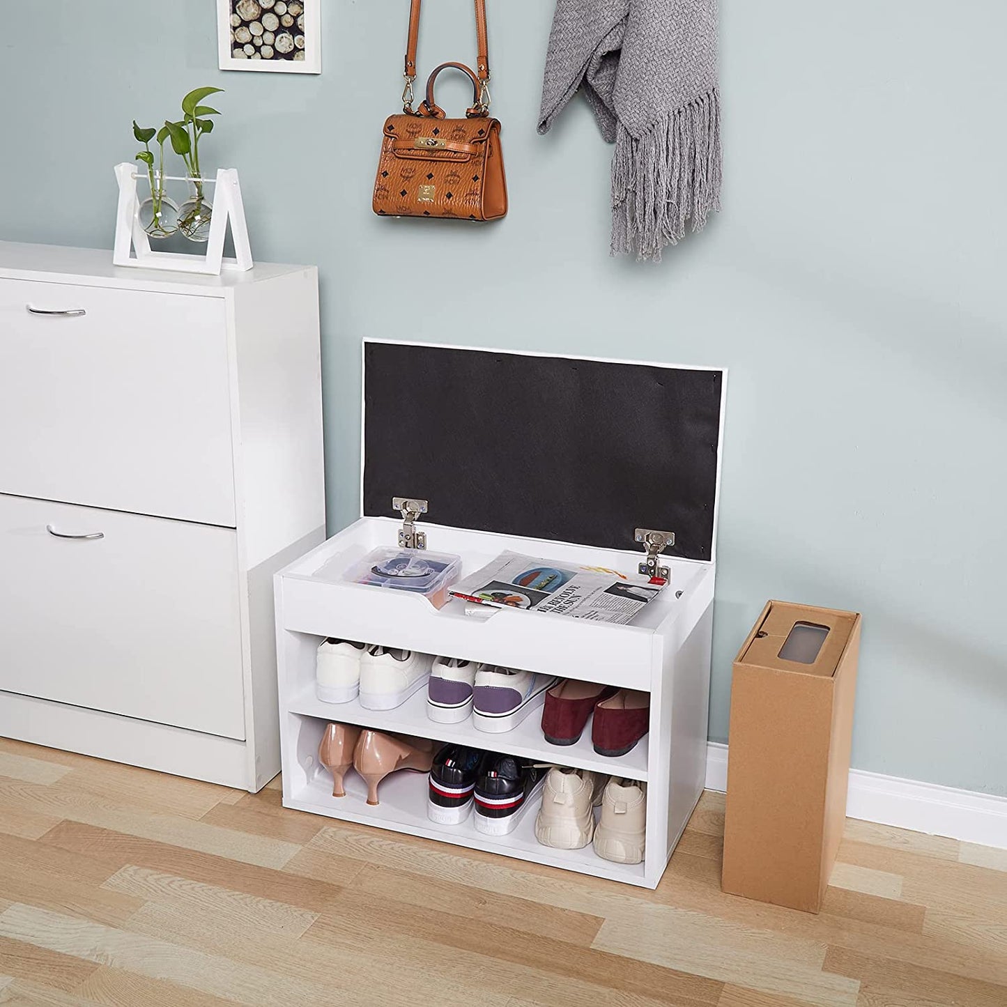 Shoe Storage Bench, Shoe Cabinet with Storage Seat, 60 X 30 X 43 Cm Wooden White Small Unit for 8 Pairs Shoes