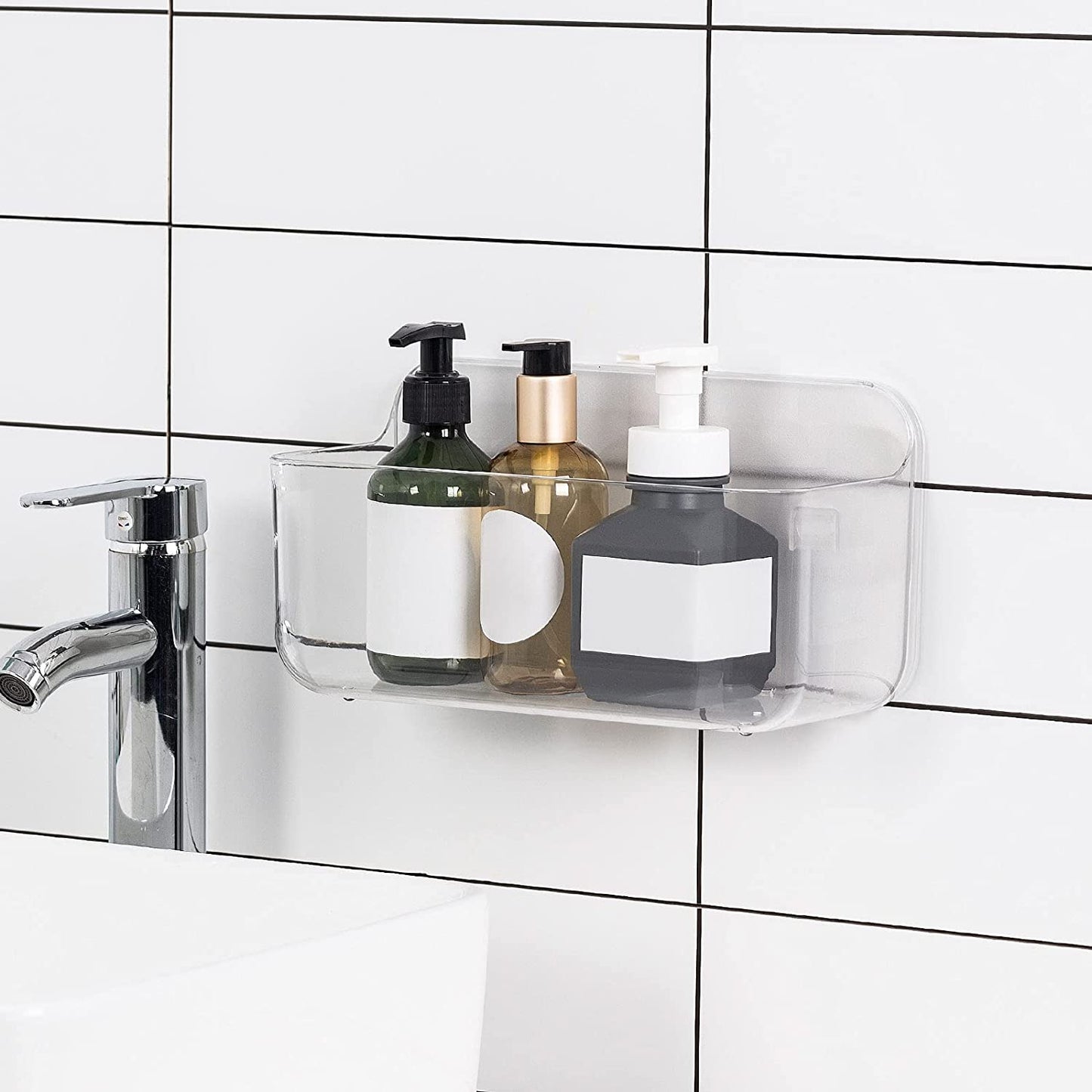 Shower Caddy, Shower Storage, Bathroom Storage, Wall Mounted No Drilling Adhesive Storage for Bathroom, Kitchen, Clear Plastic