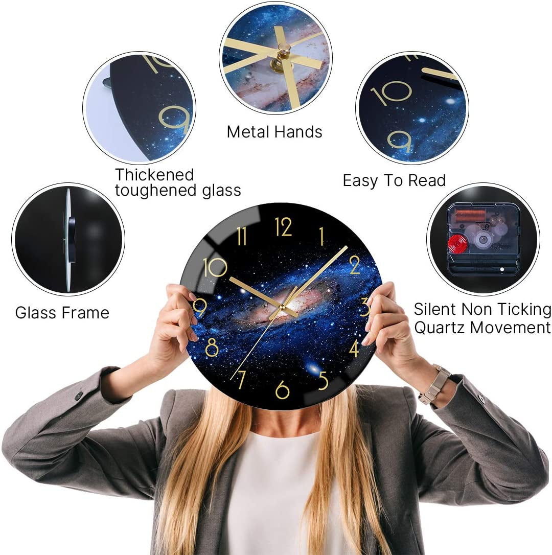 Black Arabic Numerial Wall Clock 12 Inch Silent Quality Quartz Battery Operated Wall Clocks- round Glass Wall Clocks for Kitchen, Living Room, Dining Room and Bedroom - Night Sky Pattern