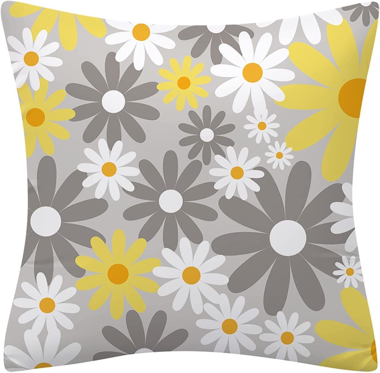 Floral Yellow and Grey Cushion Covers for Sofa, Double Sided Letter-Printed Throw Pillow Covers, Pack of 4 Square Daisy Pillowcase for Living Room & Bedroom 40 Cm X 40 Cm(16 X 16 Inch)