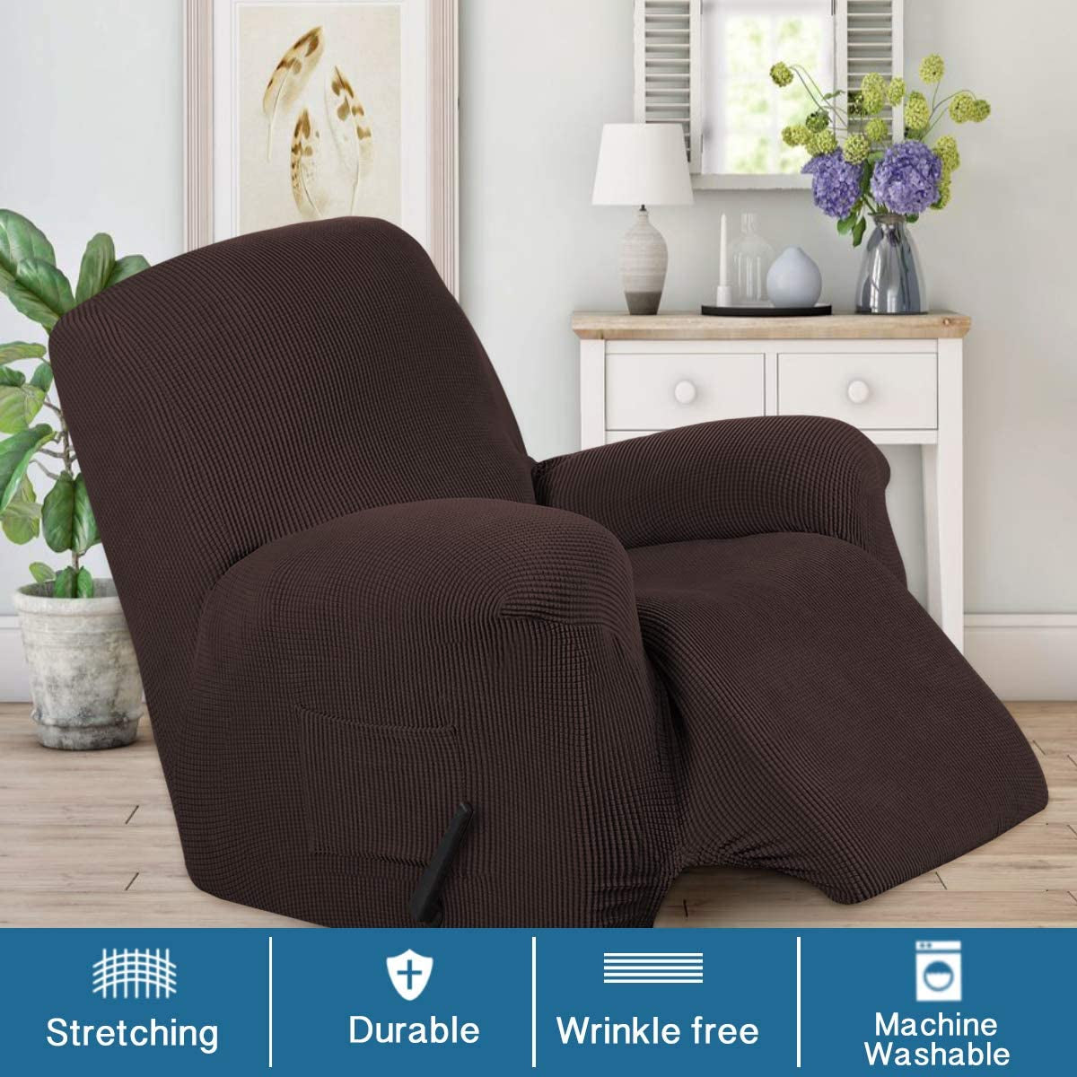 Stretch Recliner Cover Recliner Chair Covers for Living Room Recliner Chair Slipcover with Side Pocket, Thick Soft Small Checked Jacquard, Fitted Standard/Oversized Recliner, Brown
