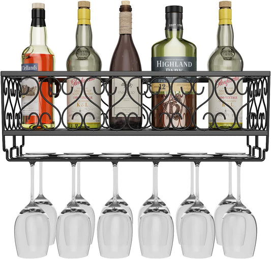 ® W-611 Metal Black Wall Hanging Mounted Wine Champagne Glass Goblets Stemware Rack Holder, 50 X 20 Cm Hold up to 12 Bottles Wine and 12 Cups Glasses