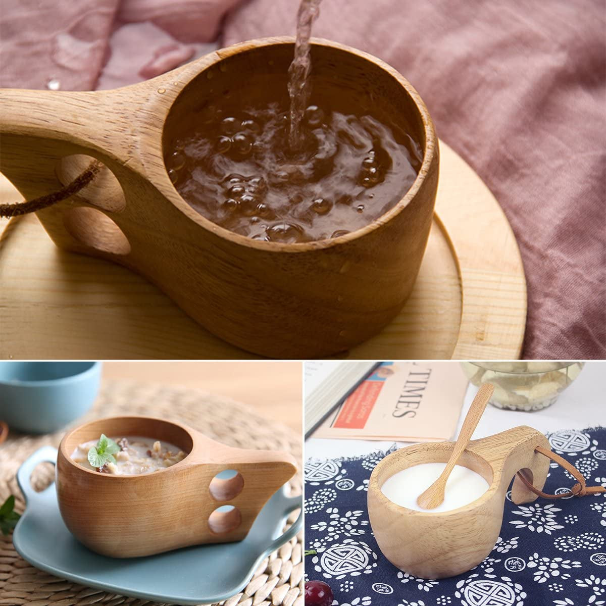 Nordic Style Handmade Kuksa Backpack Wooden Mug Cup for Camping Hiking Survival Teacup Bushcraft