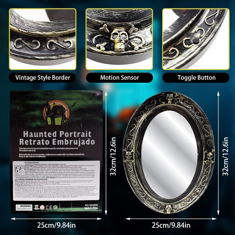 Halloween Haunted Mirror, Speaking Halloween Mirror Decoration, Scary Spooky Face Halloween Horror Skull Horrible Mirror with Motion Sensor, Light, Creepy Sound, Indoor Halloween Party Prop