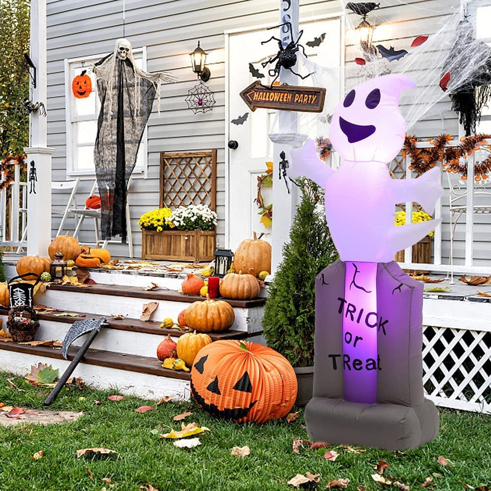 5FT Halloween Decoration Inflatable Ghost on Tombstone with LED Lights Blow up Halloween Party Props Decoration for Indoor Outdoor Garden Yard Lawn Home Shopping Mall