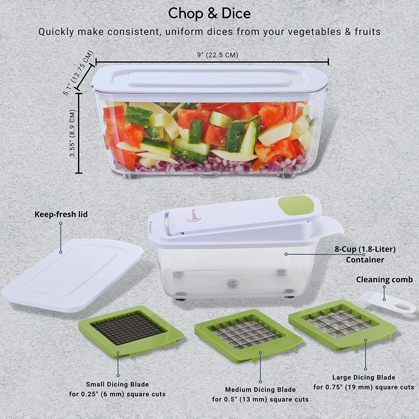 Quickpush Food Chopper (BR-QP-02): Strongest & 200% More Container Capacity, 30% Heavier Duty, Kitchen Vegetable Fruit Dicer, Onion Tomato Potato Fries Cutter, with 3 Dicing Blades & Lid