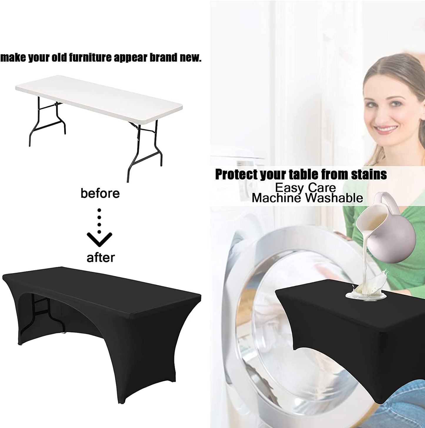 Stretchable Tablecloths 6Ft for Rectangle Tables with Open Back, Fitted Spandex Rectangular Patio Table Covers, Wedding, Party, Kitchen, Beauty Event Decoration-Black