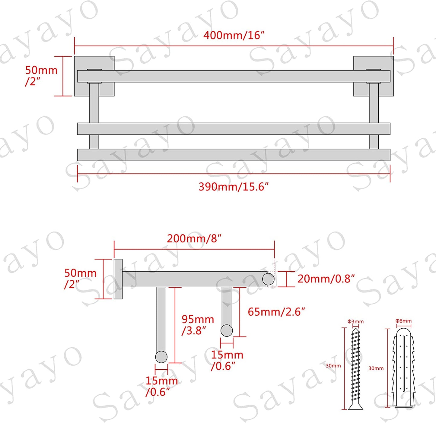 16-Inch Black Towel Rail Wall Mounted SUS304 Stainless Steel Towel Rack Shelves Towel Holder with Double Towel Bars for Bathroom, EGZ8040-B