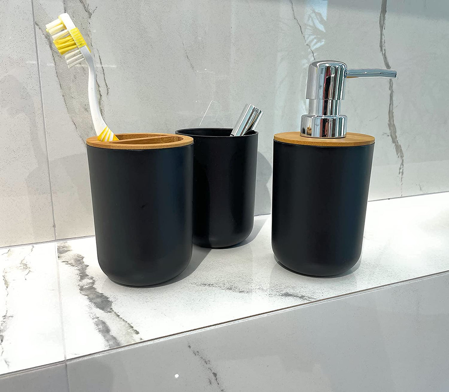 Belcka - 6 Pieces Bamboo Bathroom Accessories- Bathroom Bin and Toilet Brush Set- Durable Toothbrush Holder Cup- Soap Dispenser with Pump- Soap Dish Holder- Modern Trash Can- Black