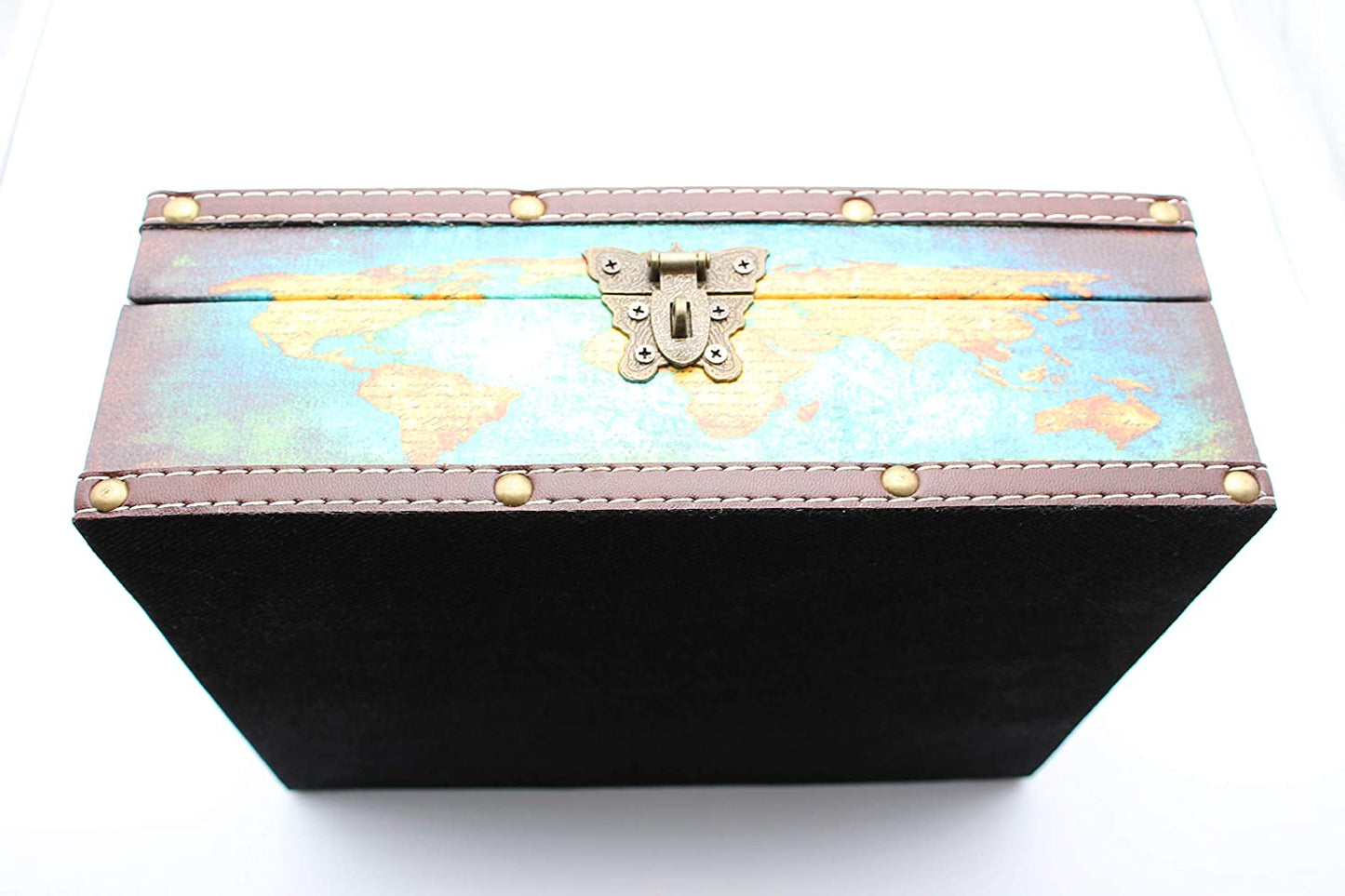 Vintage Wood Treasure Chest Keepsake Jewelry with Map Leather Surface |Treasure Box Kids Pirate Treasure Chest with Lock |Kids Storage Treasure Chest, Also for Teenagers and Adults 10.6"*8.6"*3.6"