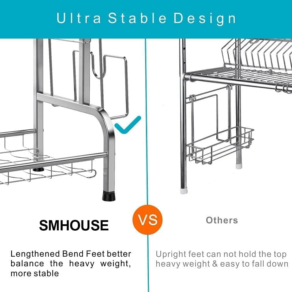 304 Stainless Steel Dish Drainer Rack, 2 Tier Dish Drying Rack for Kitchen Counter, Rust Proof Dish Drainers with Drip Tray, Dish Rack with Swivel Drainage Spout