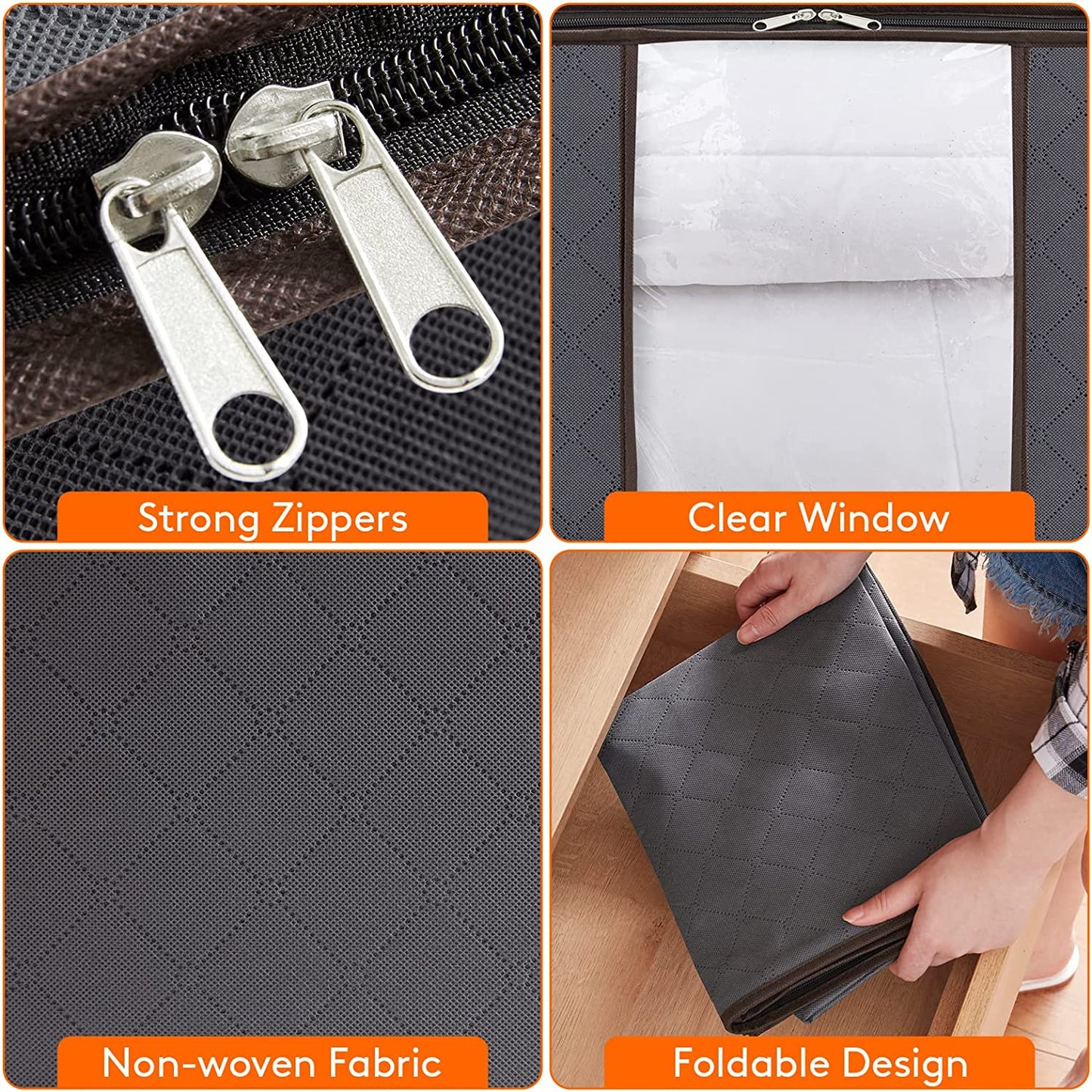 Large Capacity Clothes Storage Bag Organizer with Reinforced Handle Thick Fabric for Comforters, Blankets, Bedding, Foldable with Sturdy Zipper, Clear Window, 3 Pack, Grey