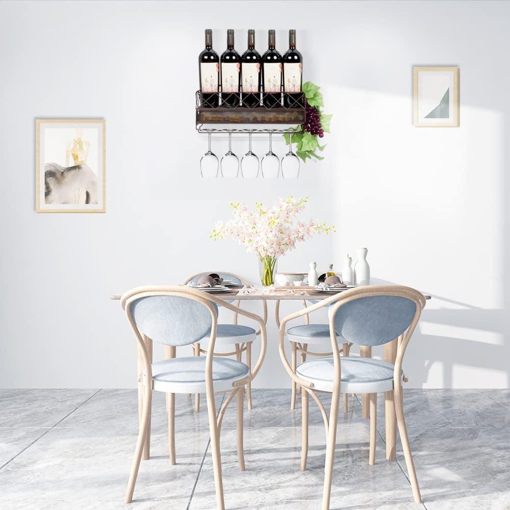 Wall Mounted Wine Rack with Glass Holder Metal Wine Shelf Champagne Bottle Holder Hanging Rustic Wine Holder Floating Wine Shelf for Kitchen, Bronze