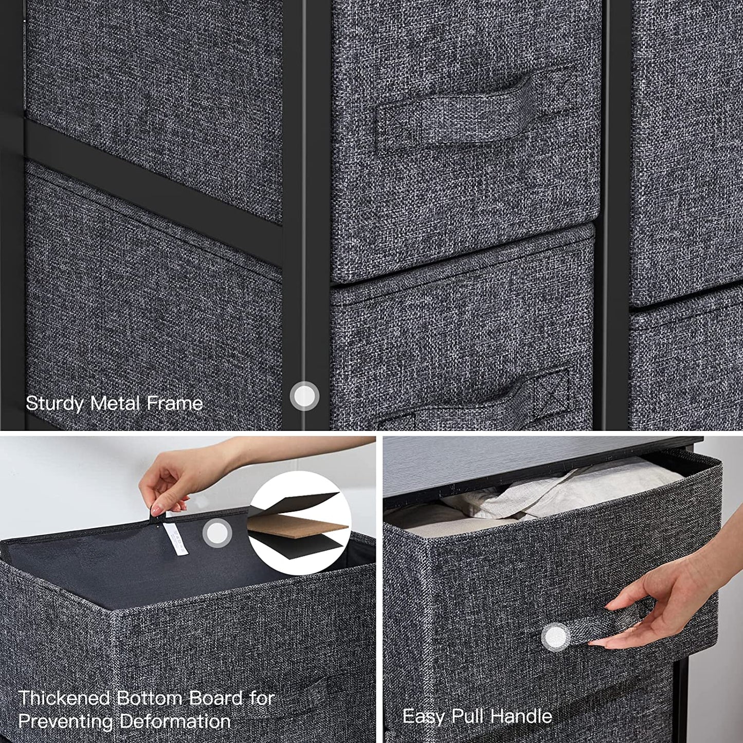 Chest of Drawers, Fabric Storage Drawers with Wood Top and Large Storage Space, Vertical Chest of 7 Drawers Easy to Install Room Organizer, Living Room, Nursery Room, Hallway, Black