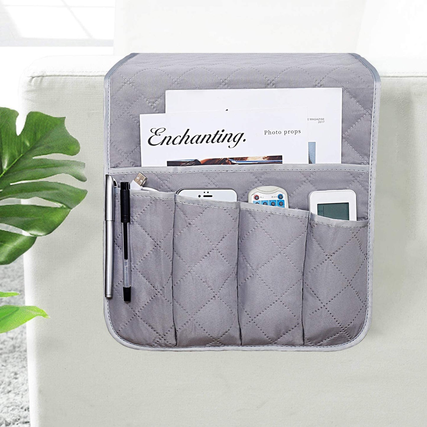 Sofa Armrest Organizer, Anti-Slip Caddy Pocket for Couch Armchair, Cloth Storage Pouch Holder for Cellphone Magazines Glasses TV Remote Control, Space Saver Bag (Grey)