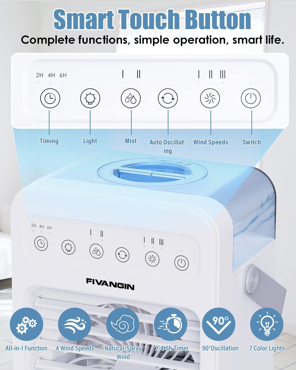 Air Cooler, Personal Portable Air Conditioner with Colored Lights, 4 Speeds, Automatic Oscillation, 4 in 1 Mini Air Cooler Ideal for Home/Bedroom/Dorm/Office