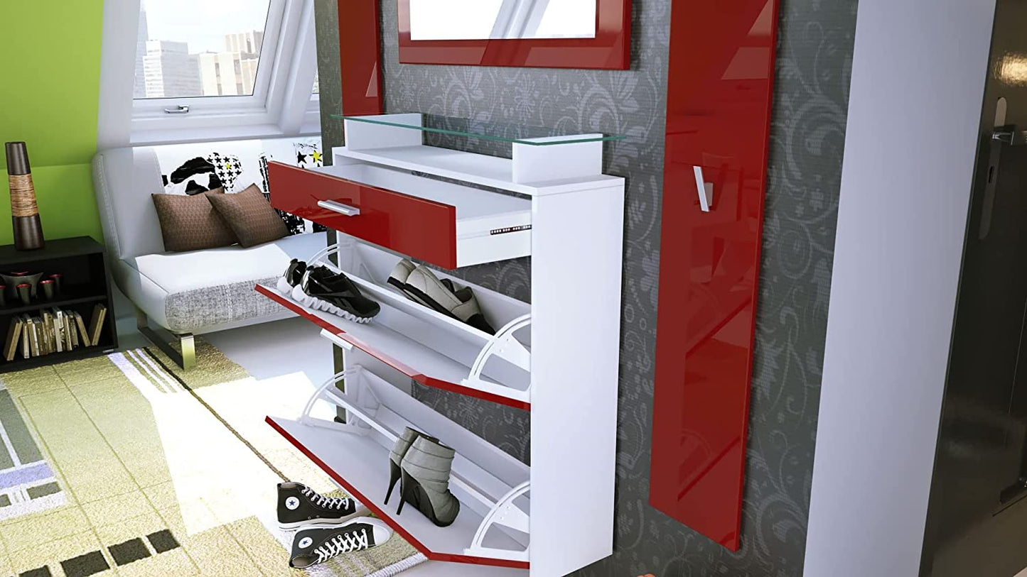 Malea Hallway Storage Set, Hallway Set with 1 Wall-Mounted Shoe Cabinet, 1 Wall-Mounted Mirror and 2 Coat Rack Panels, White Matt/Cream High Gloss