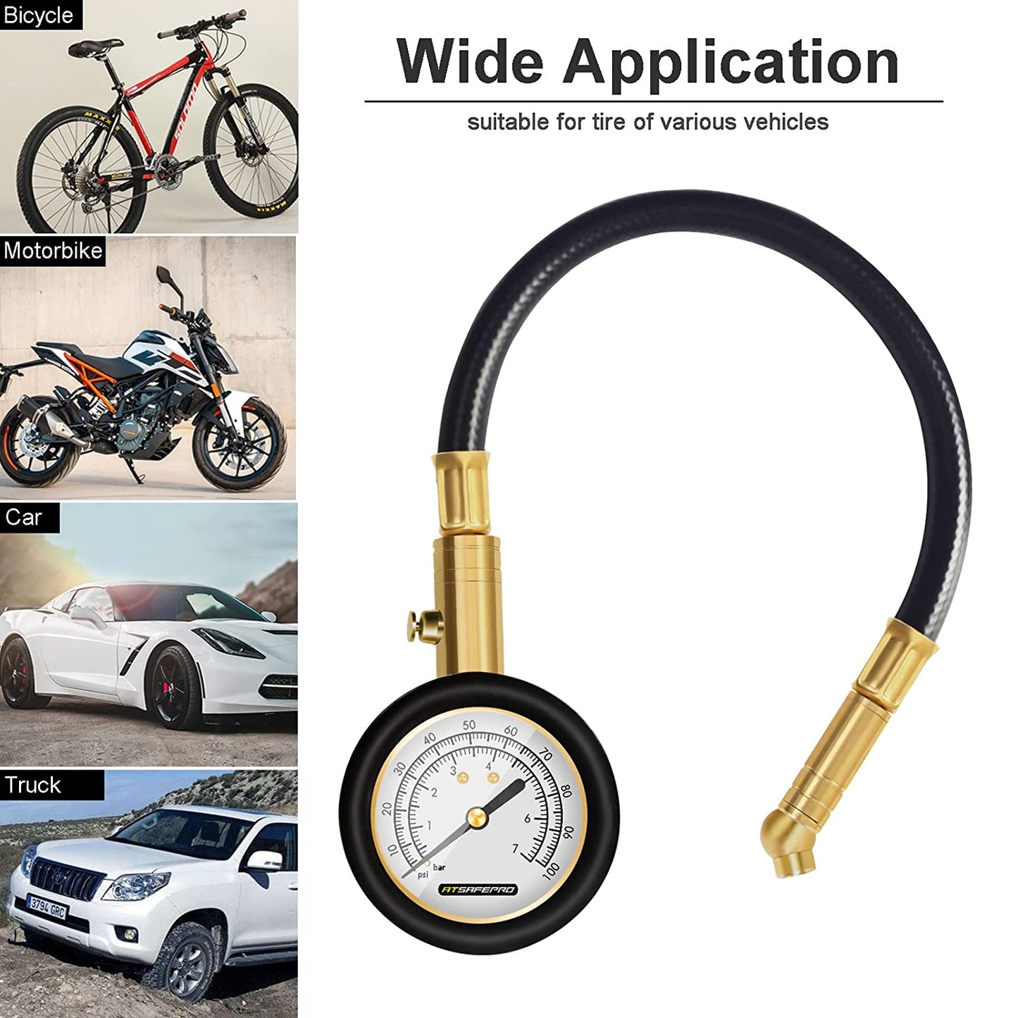 Tyre Pressure Gauge 100 Psi 7 Bar, Accurate Car Tyre Gauges with Flexible Hose Glow Dial, Mechanical Air Pressure Meter for Schrader Valve of Bike, Motorcycle, Car, SUV