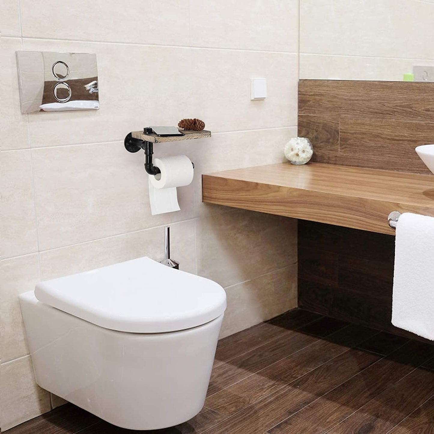 Industrial Tissue Holder,Wall Mounted Toilet Paper Holder with Wooden Shelf for Bathroom, Washroom and Cast Iron Pipe - Rustic Brown