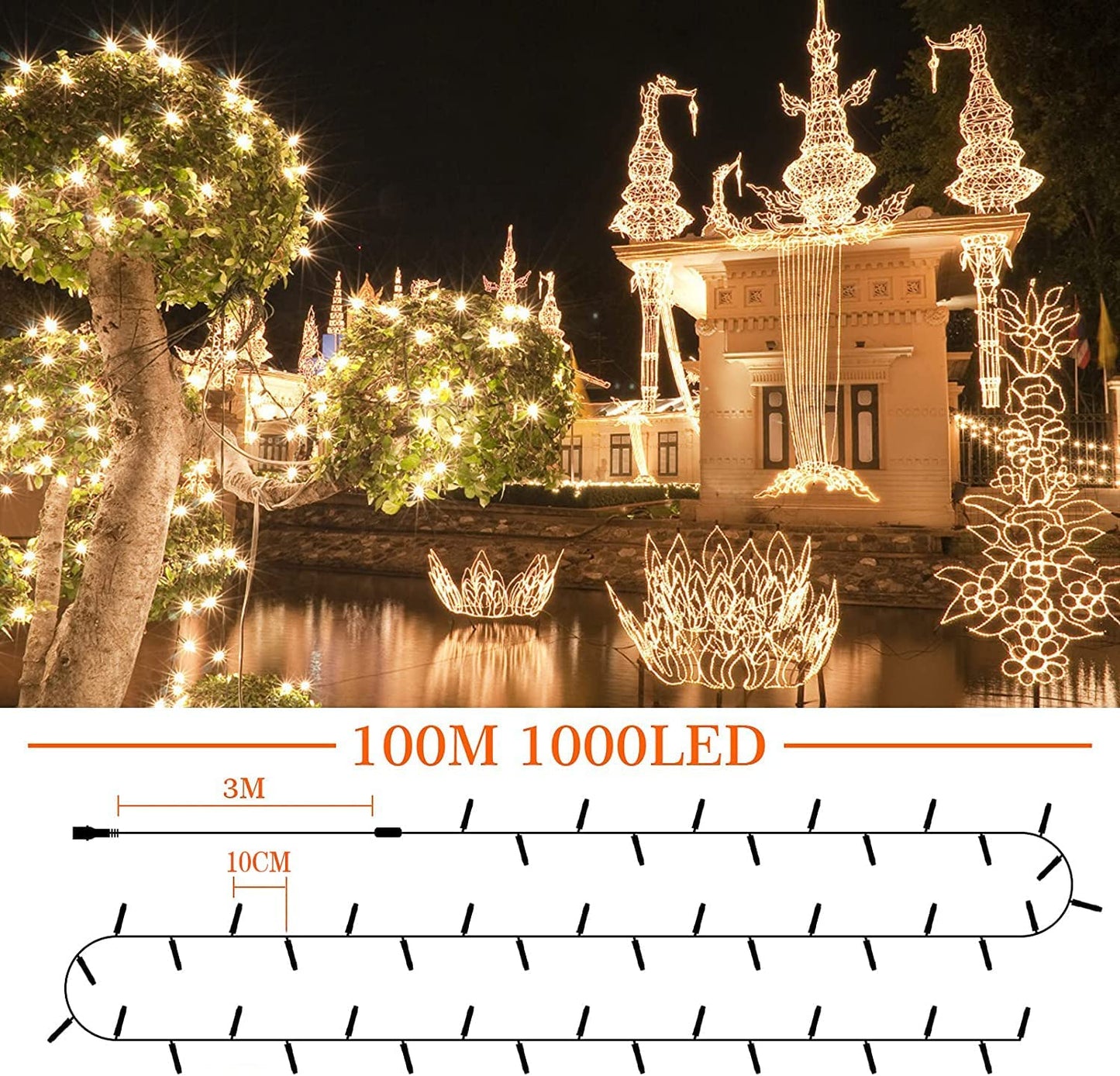 Elktry 1000LED 100M Christmas Lights Outdoor, Warm White Christmas Tree Lights Mains Powered,8 Modes Waterproof Cluster Christmas Lights for Christmas Party Wedding Garden Bedroom Decoration