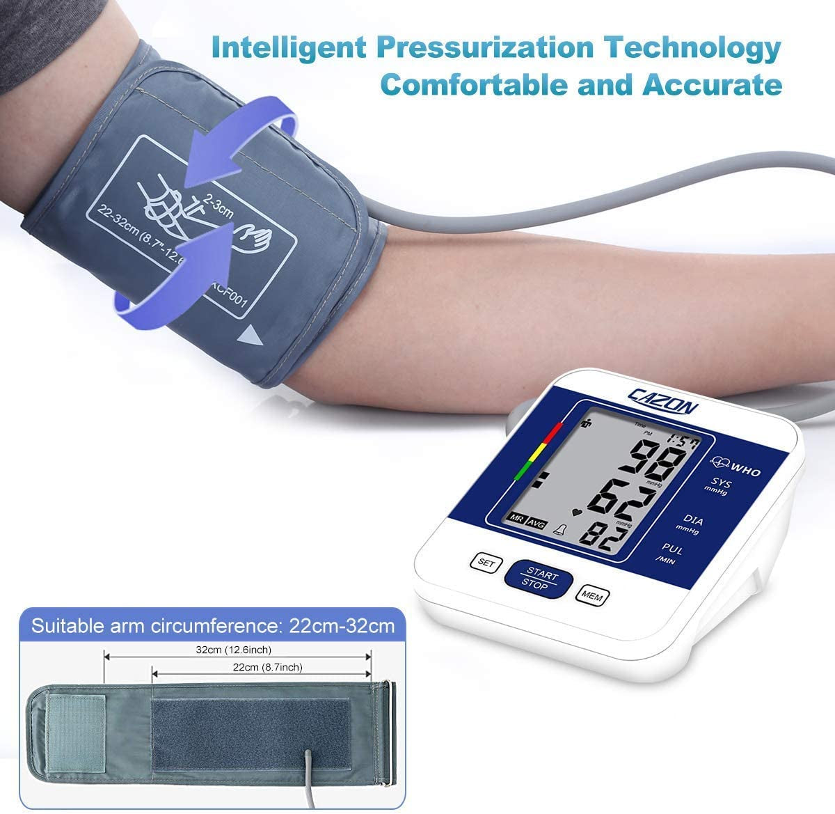 Blood Pressure Monitor Upper Arm BP Machine for Home Use BP Cuff Kit Pulse Rate Detection Meter with Cuff 22-32Cm 2×99 Sets Memory LCD Display (Blue)