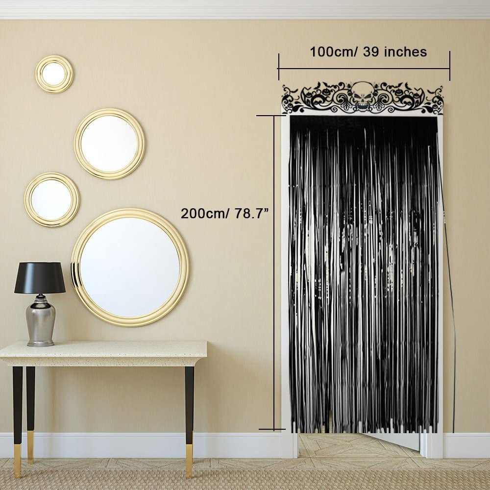 Halloween Door Curtain Black Shiny Foil Party Decorations Entrance Door Curtain for Halloween, 3.3 X 6.5 Feet