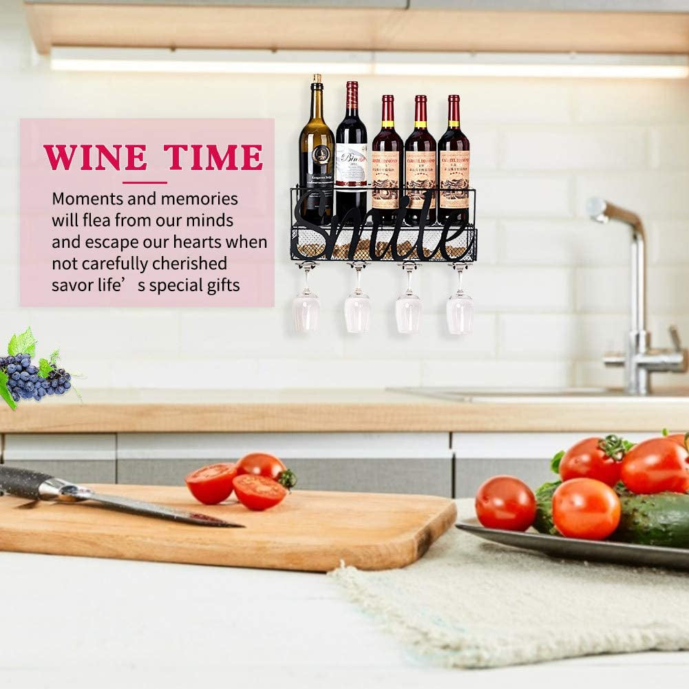 Wall Mounted Metal Wine Rack, Champagne Drink Storage Racks with 4 Long Stem Glass Holders.