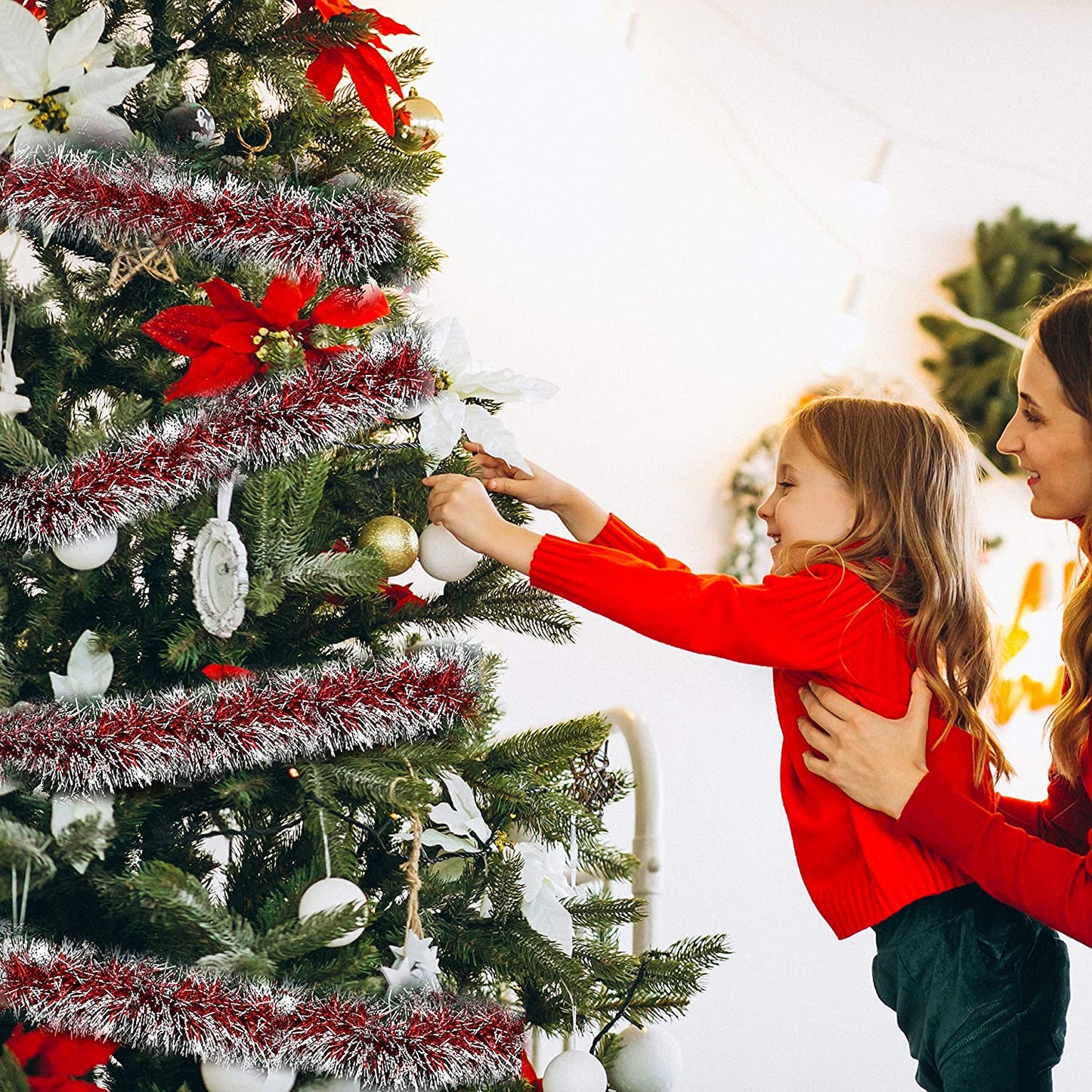 Christmas Tinsel Tree Decorations (3 Pack) - 2M (193 Cm Approx) Thick Red Christmas Tinsel Garland for Christmas, New Years Eve Party, Indoor and Outdoor Decorations - Xmas Decorations